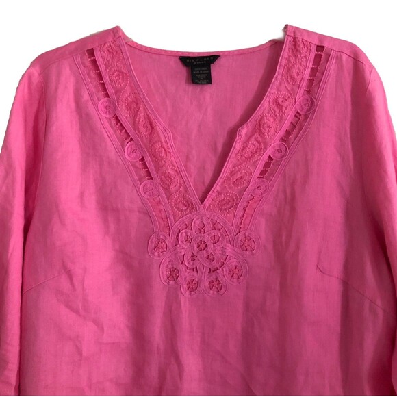 Silkland 100% Linen Embroidered Tunic Womens Sz 1X Pink V-Neck Flare Sleeve Boho - Picture 1 of 14